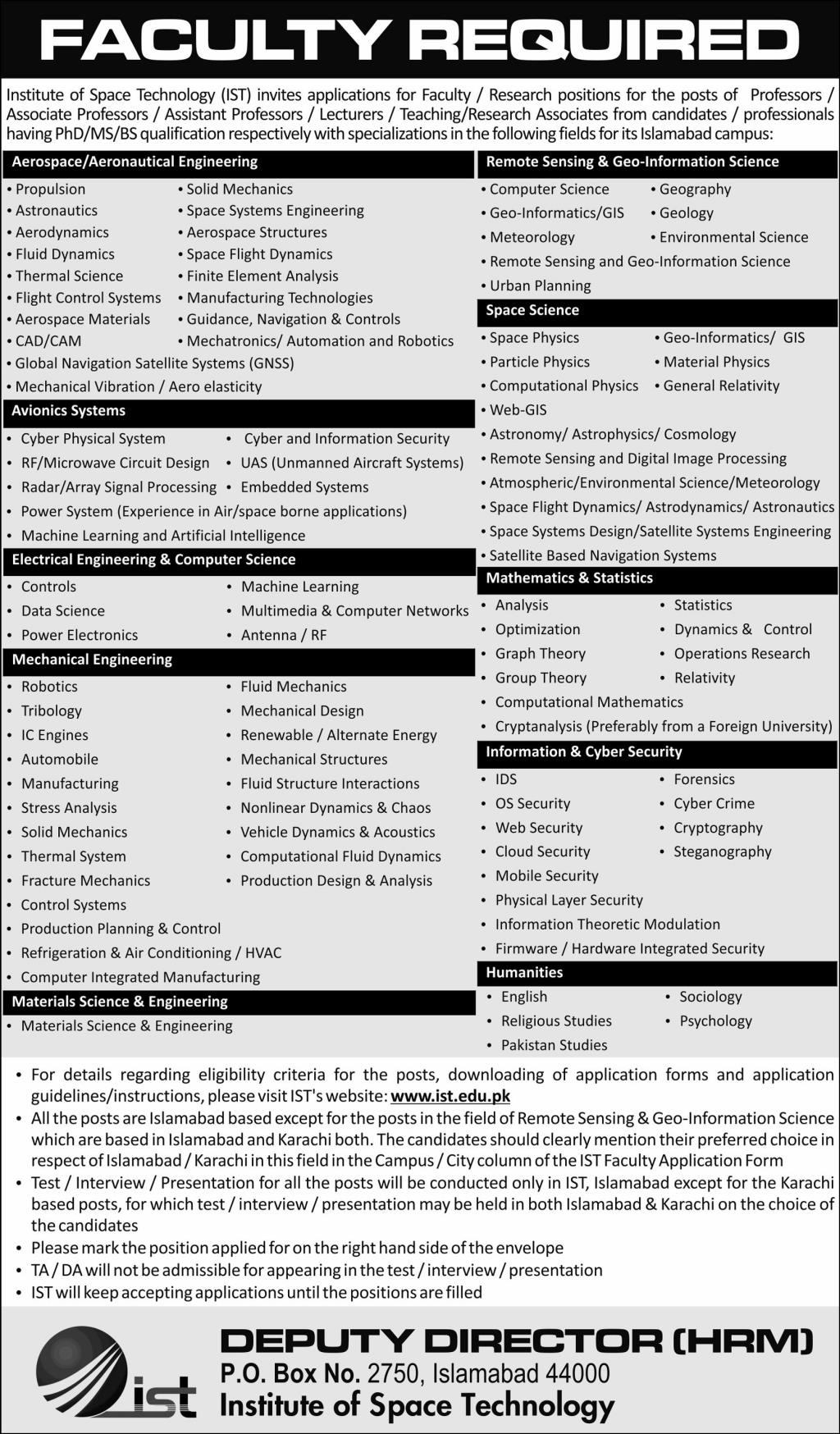 893+Vacancy Institute Of Space Technology IST Jobs October 2020