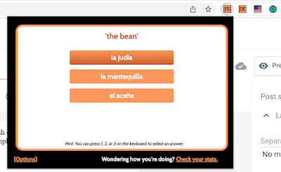 Screenshot of Quiz Cards popup asking a spanish word