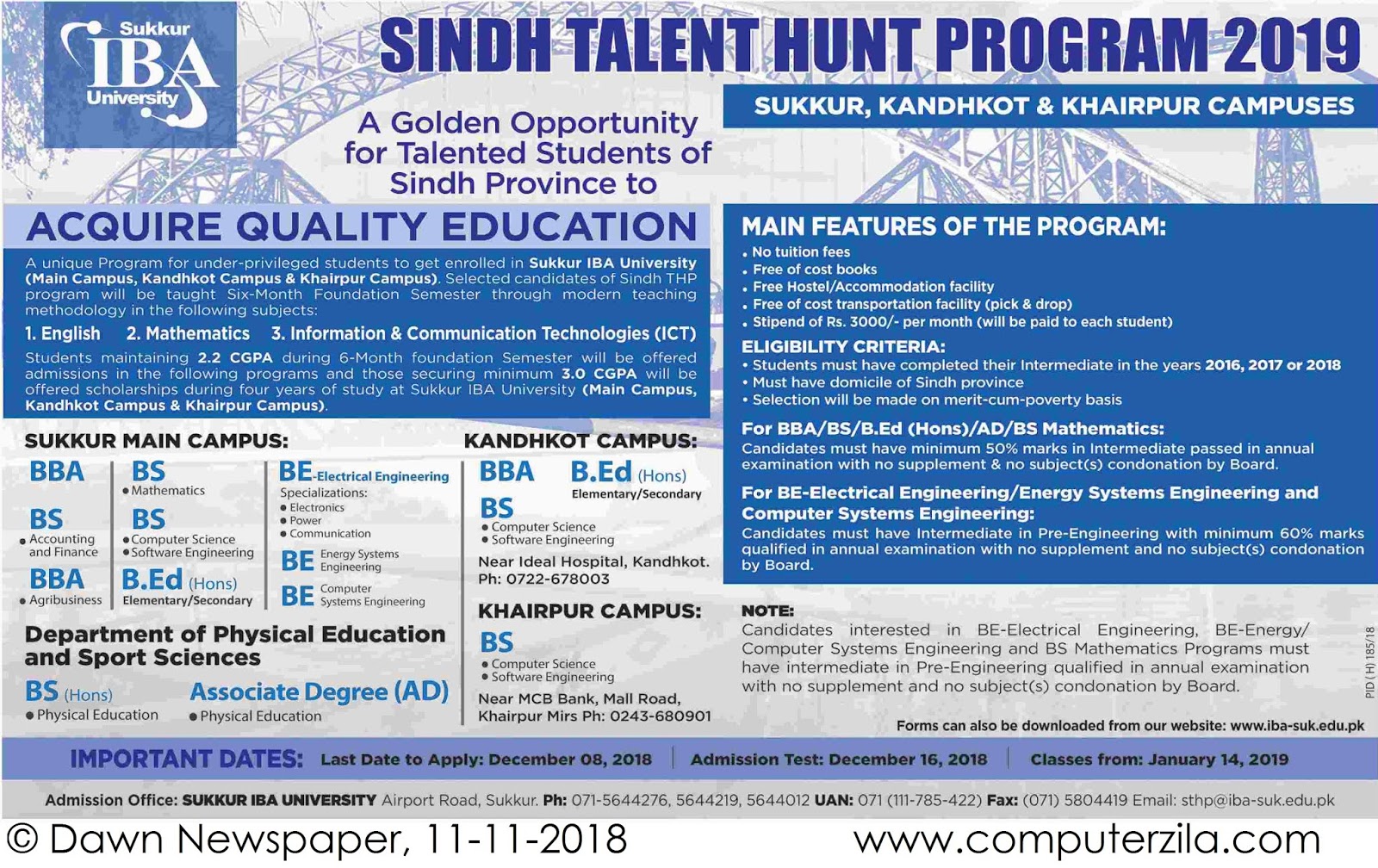 Admissions Open For Spring 2019 At SUKIBA Sukkur Campus