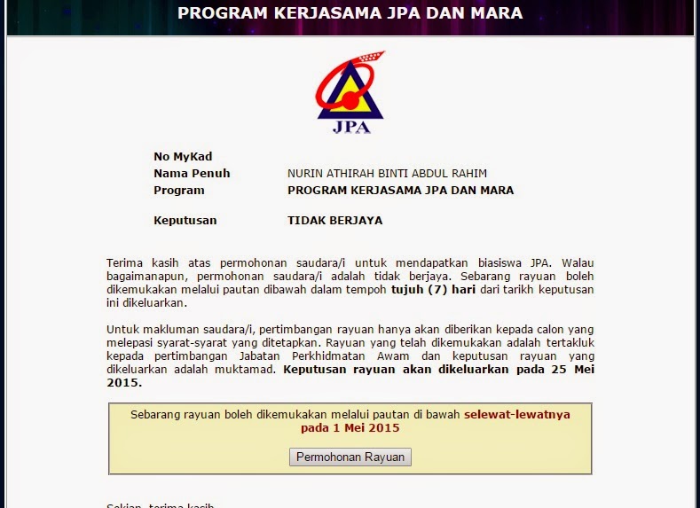 Contoh Surat Rayuan Yayasan Pahang