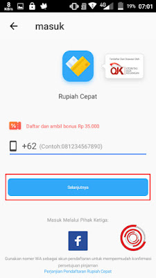 Masukan no hp kalian dengan 0 untuk login di aplikasi Rupiah Cepat, lalu klik Selanjutnya