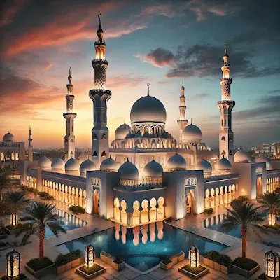 A stunning view of Jumeirah Mosque, one of the most beautiful mosques in Dubai, illuminated against a twilight sky. The intricate white stone architecture, with its elegant domes and towering minarets, stands gracefully under soft evening lighting. In the foreground, a peaceful courtyard with palm trees and traditional lanterns adds to the serene ambiance. The sky transitions from warm orange hues to deep blue, creating a visually mesmerizing contrast. Created using: ultra-realistic rendering, high-definition photography, soft atmospheric lighting, intricate architectural detailing, cultural authenticity, warm reflections, deep contrast, and balanced composition.
