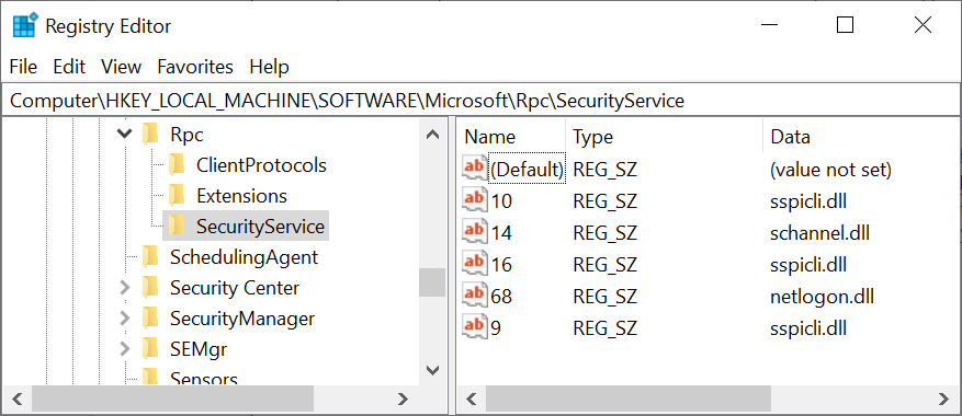 Screenshot of the Registry Editor showing HKLMSOFTWAREMicrosoftRpcSecurityService key