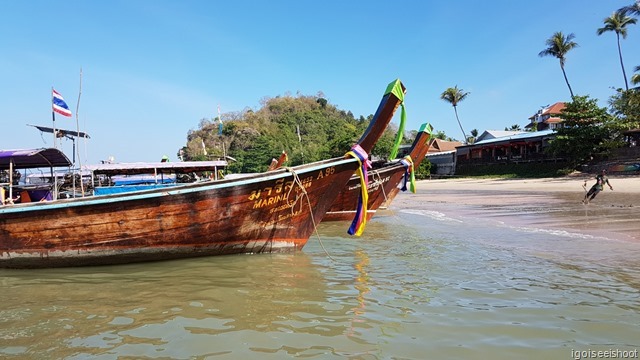 Ao Nang Beach where long-tail boats are boarded for excursion to the offshore islands and Railay. 