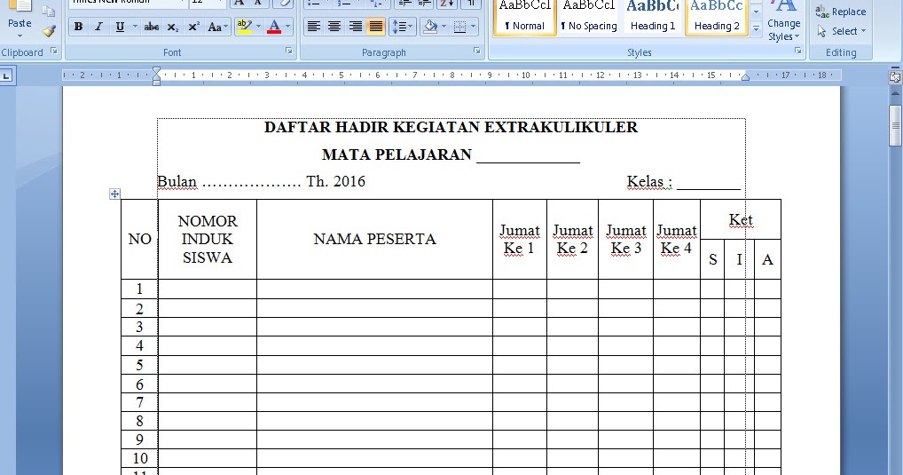 Contoh Daftar Hadir Kegiatan Ekstrakurikuler Terbaru Tahun