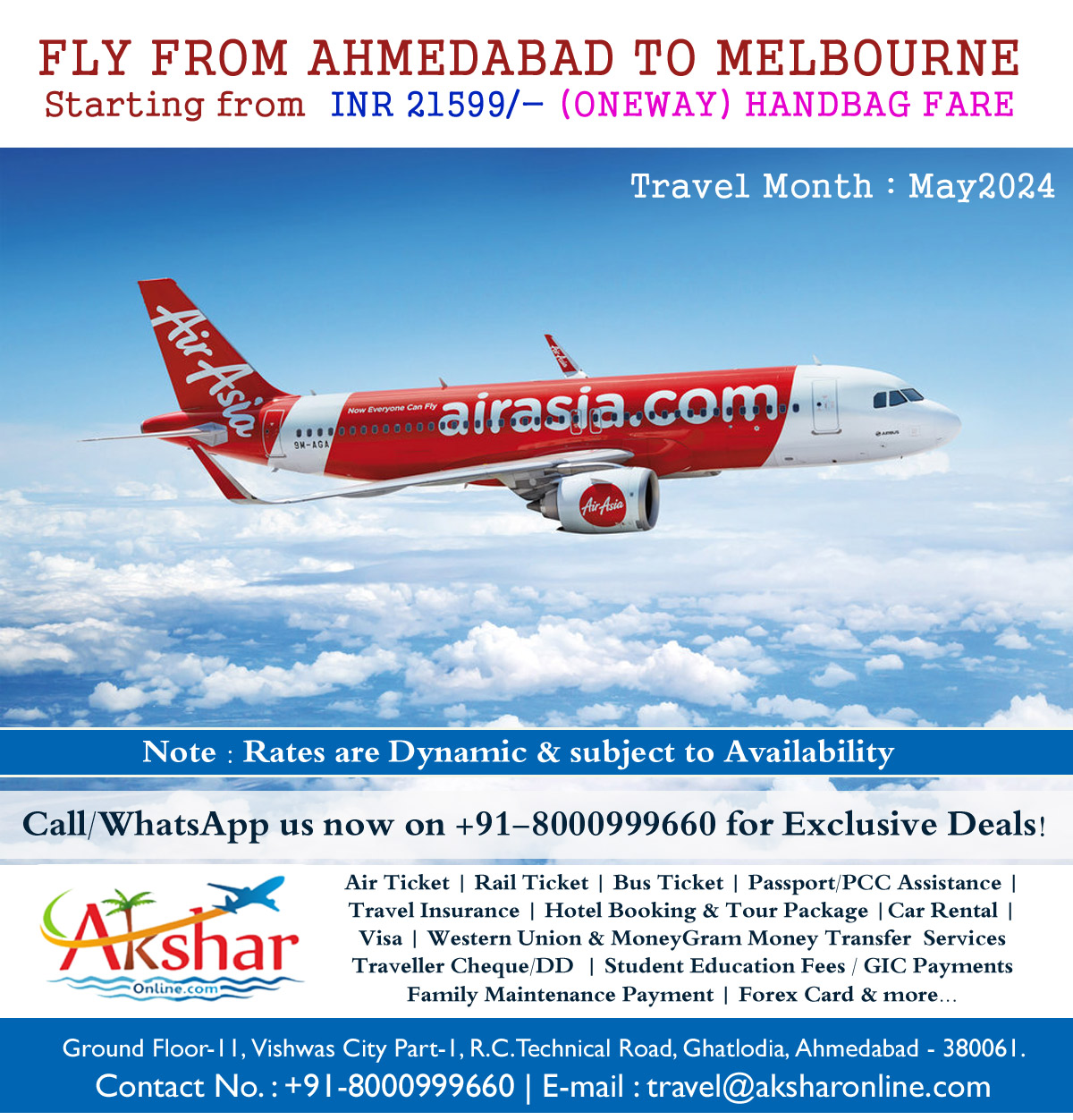 🌟 Exciting News for Travel Enthusiasts! 🌟 Dreaming of exploring the vibrant streets of Melbourne? ✈️ Look no further! 🌏 Fly hassle-free from Ahmedabad to Melbourne with AirAsia Airlines, starting from just INR 21,599/- for a one-way journey with our Handbag Fare! Don't let sky-high fares hold you back from your adventures. ✈️ With unbeatable rates and exceptional service, your journey to Melbourne is now more affordable than ever! For the best rates on domestic and international flights, contact us today at +91-8000999660 via Call/WhatsApp. Let's turn your travel dreams into reality! ✨ Book now and let the adventures begin! 🎒🌍 #TravelWithEase #AirAsia #AhmedabadToMelbourne #AffordableTravel #aksharonline #indiatoaustraliaflight #indiatoaustralia #flightdeals #flight #travellife #australia #CanadaStudentVisa  #internationalstudent #australiatravel #internationalpackage #allinclusive #booknow #deal #cheaptravels #cheapflights #internationalholidaysday #indiatours #limited #indiantravellers #travel #flight #cruise #cheapdeals