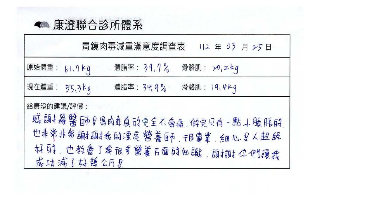 感謝羅醫師！胃肉毒真的完全不會痛，做完只有一點小脹脹的，也非常非常感謝我的漂亮營養師，很專業、細心！人超級好的，也教會了我很多營養方面的知識，謝謝你們讓我成功減了好幾公斤！