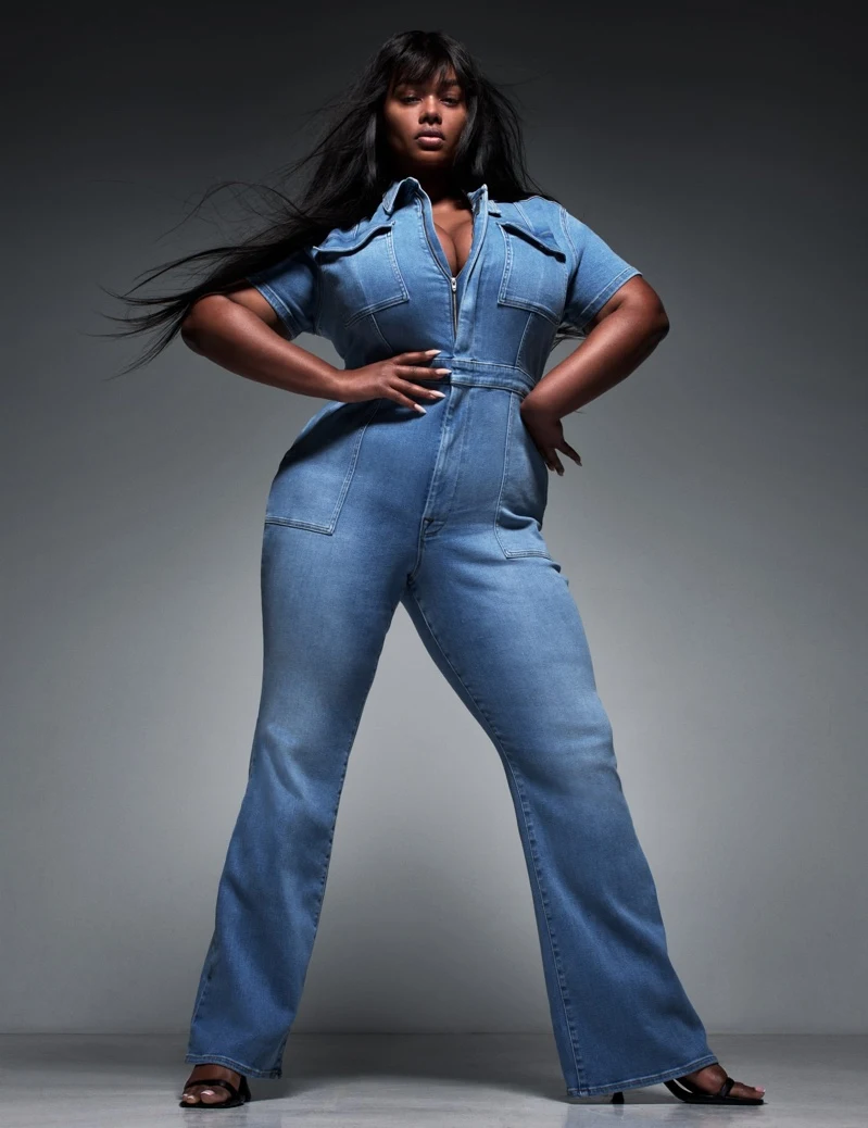 Precious Lee rocks denim jumpsuit in Good American x Zara campaign. Photo: Mario Sorrenti