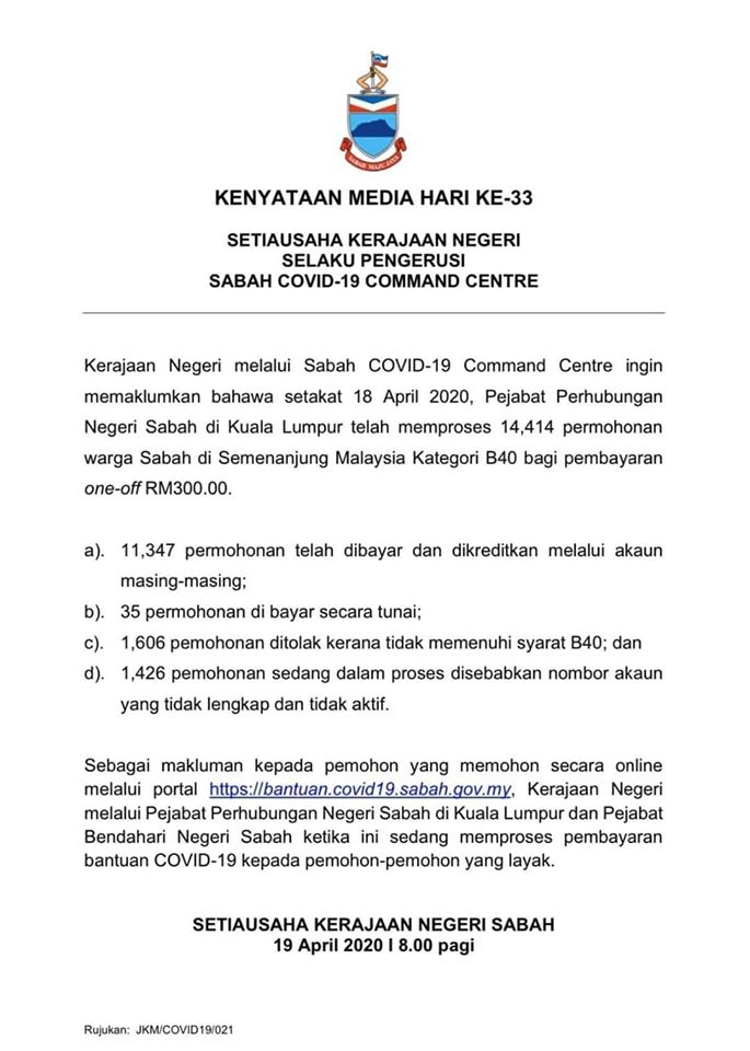 bantuan covid 19 Sabah