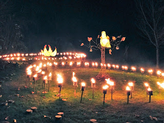 Pic of Partridge in Pear Tree and 3 French hens in circles of lit torches of fire