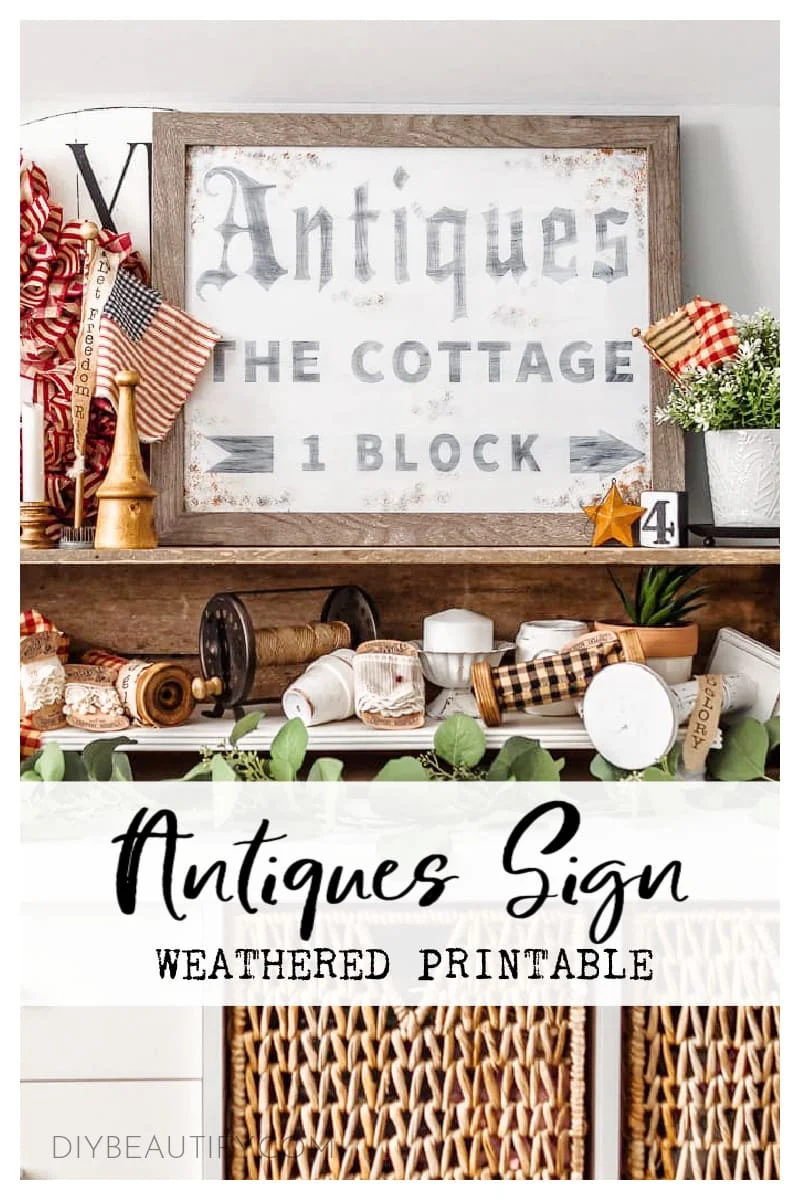 Antiques the Cottage weathered sign, patriotic vignette
