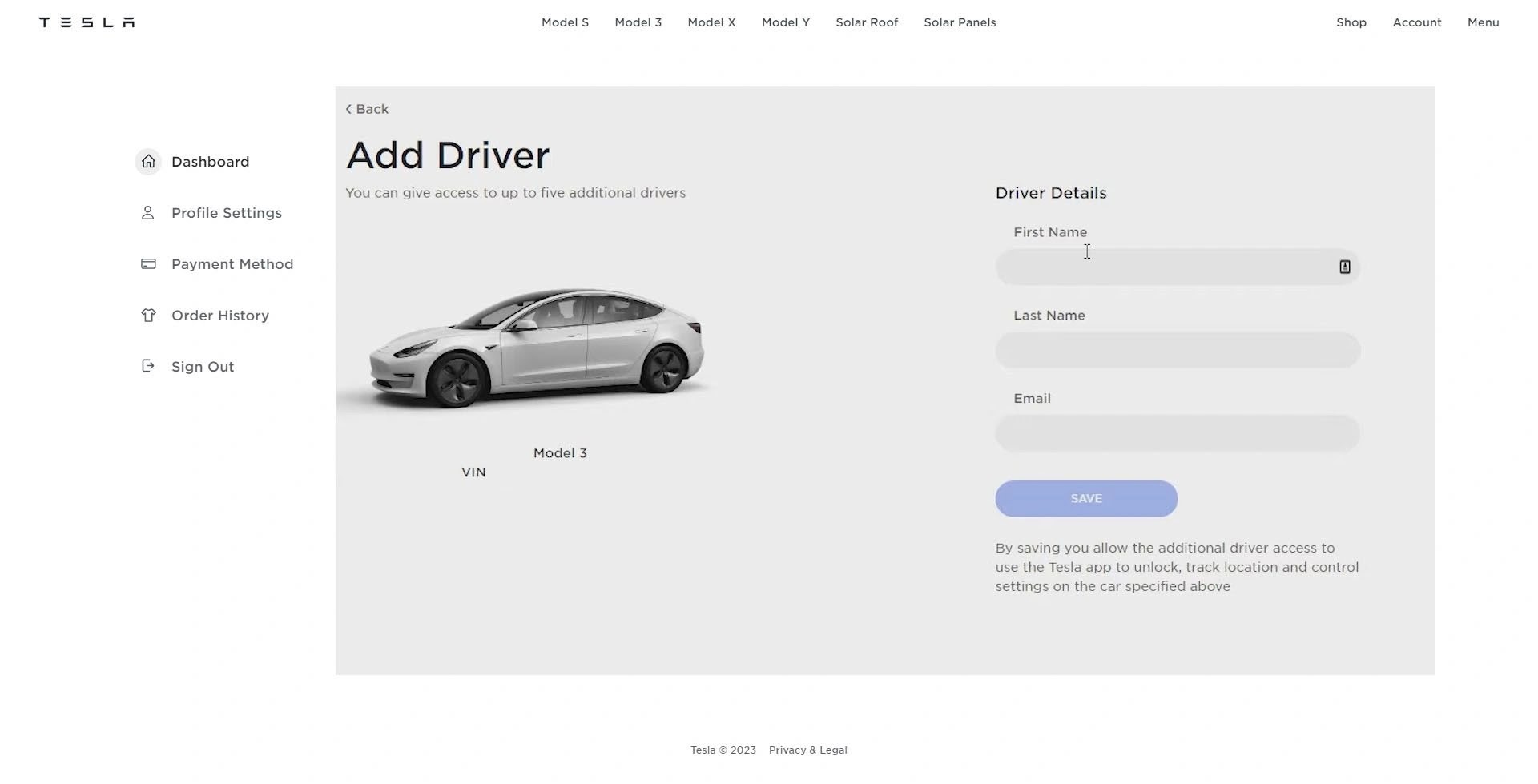 Tambahkan Pengemudi ke jenis Aplikasi Tesla di Detail Pengemudi