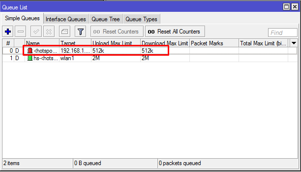 Hasil penggunaan Built-in bandwidth limiter Hotspot Mikrotik