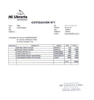 2C T.H.M 22 Hotel Millahue: Cotizaciones