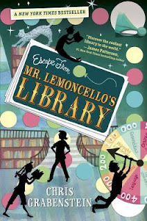 Book cover, 'Escape from Mr. Lemoncello's Library' by Chris Grabenstein. Black-sillouette characters read books and wrestle with the pointer hand of a roulette-style wheel in a library