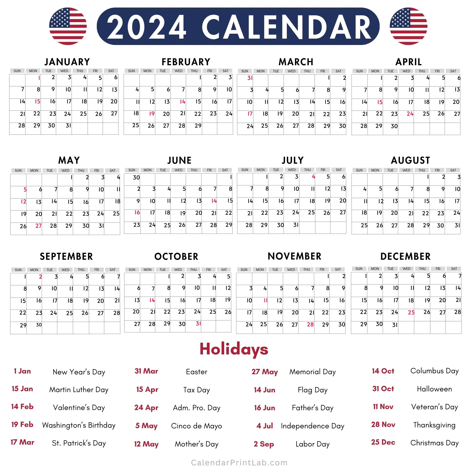 2024 calendar with holidays usa