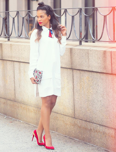 Rocio rodriguez fashion maracas nyfw15 day 3 outfit, white with red shoes, half bun hairdo