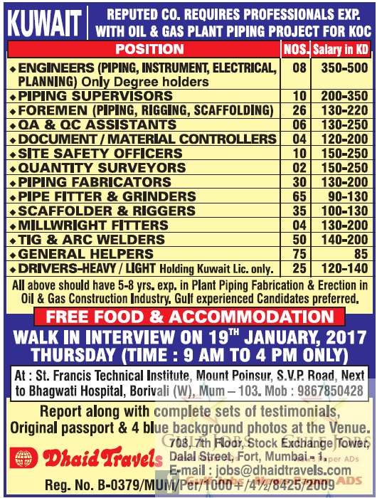 Oil & Gas Piping Project Jobs for Kuwait - Free food & Accommodation