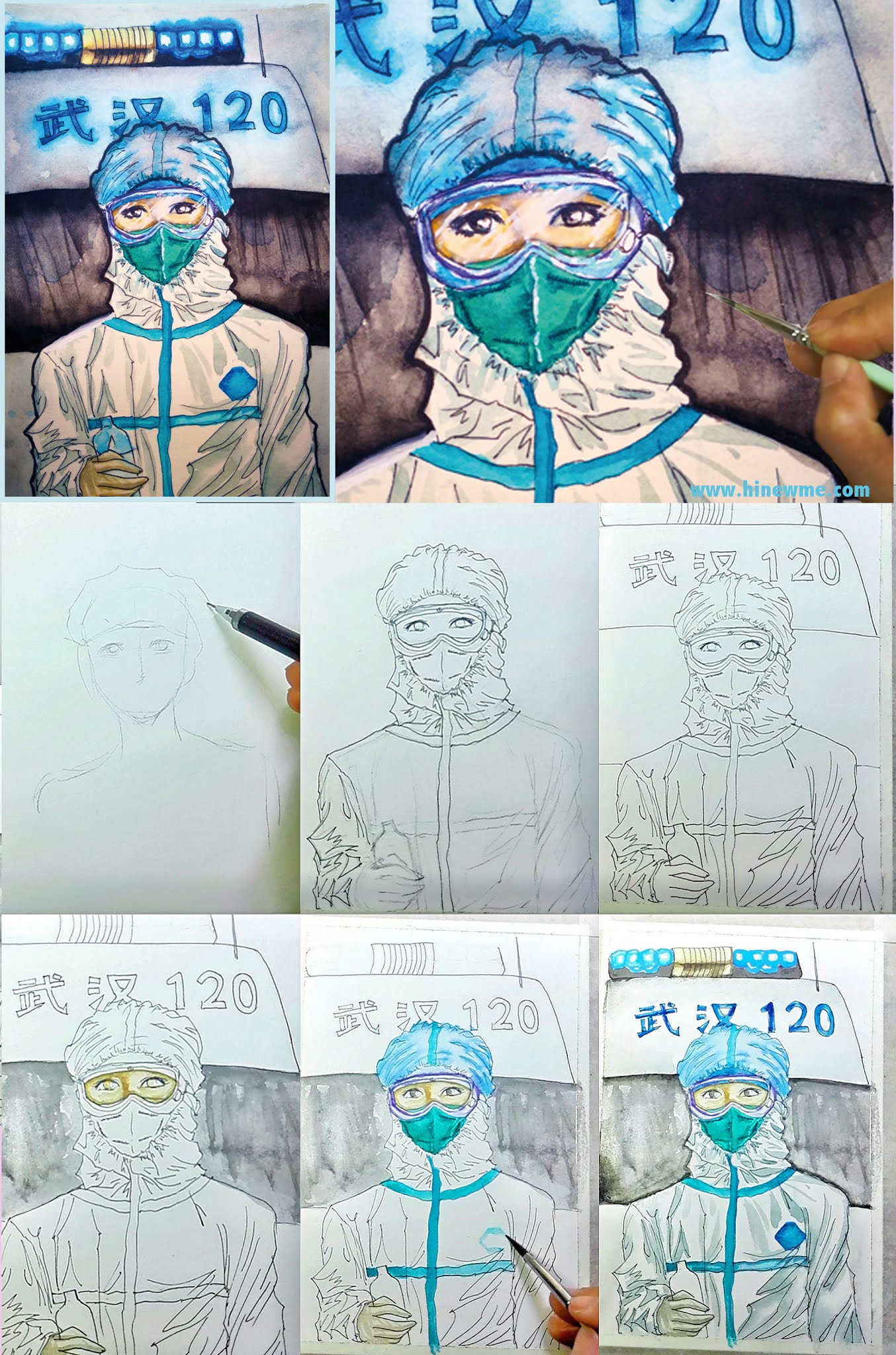 How to draw Wuhan pneumonia coronavirus, the female doctor next to protective suit 120
