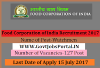 Food Corporation of India Recruitment 2017– 127 Watchmen