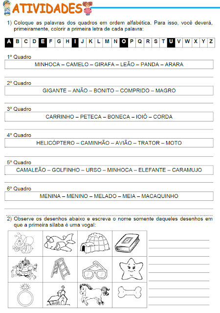Atividades - Ordem alfabética, Palavras cuja sílaba inicial é uma vogal, Listas de palavras e Palavras com S e SS