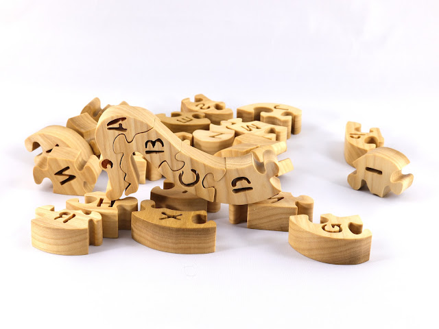 Wood Alphabet Snake Puzzle, Hand-Cut Letters, Handmade from Premium Grade Hardwood Finished with Mineral Oil and Beeswax