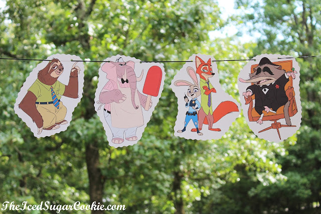 Make Your Own DIY Zootopia Food Label Cards And Hanging Flag Banner by The Iced Sugar Cookie-Mole Mr Big, Nick Fox, Judy Bunny, Flash Sloth, Elephant Jerry