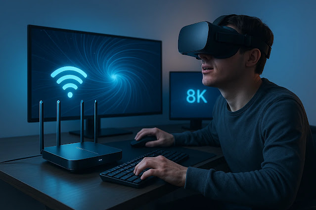 Gamer using WiFi 7 for cloud gaming and 8K streaming