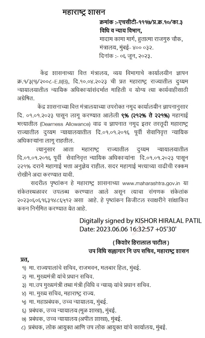 जानेवारी 2023 पासुन DA फरकासह महागाई भत्त्यातील वाढ रोखीने अदा करणेबाबत , राज्य शासनांकडून अखेर GR निर्गमित ! दि.06.06.2023