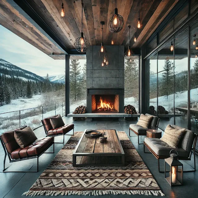 An enhanced luxury outdoor deck in a snowy winter setting featuring an industrial rustic style, a sleek fireplace integrated into the glass wall, and cozy seating with fur throws.