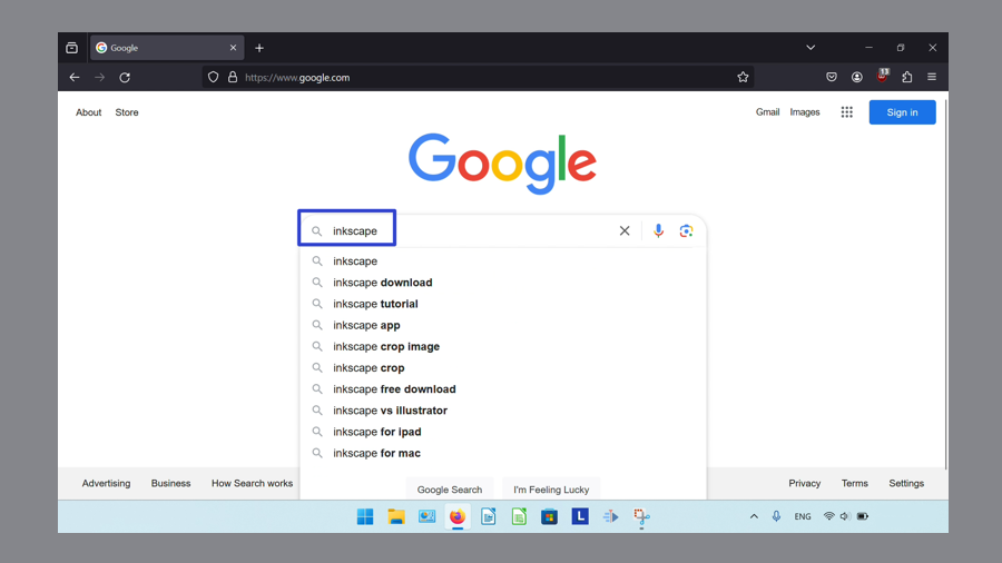A blue rectangle surrounds the search bar with the text of "inkscape" on the google.com search engine website.