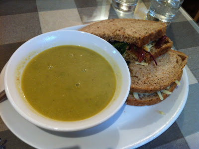 Split pea soup with a sandwich.