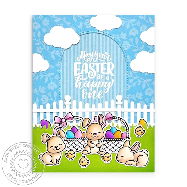 Sunny Studio Easter Bunny, Basket & Chicks Card (using Clucky Chickens & Bunnyville Stamps, Stitched Arch & Picket Fence Dies, Spring Fever Paper)