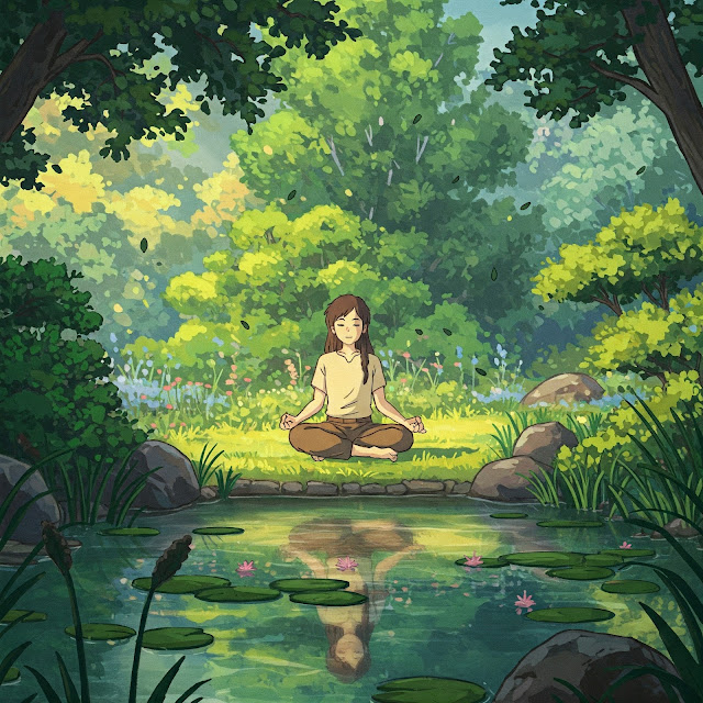 Libra, a woman meditating by a tranquil pond, symbolizing balance and harmony.