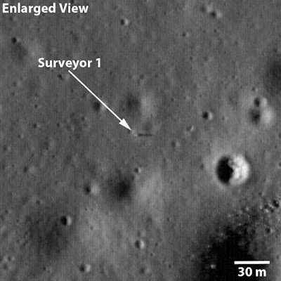 The Surveyor 1 spacecraft sitting silently on Oceanus Procellarum