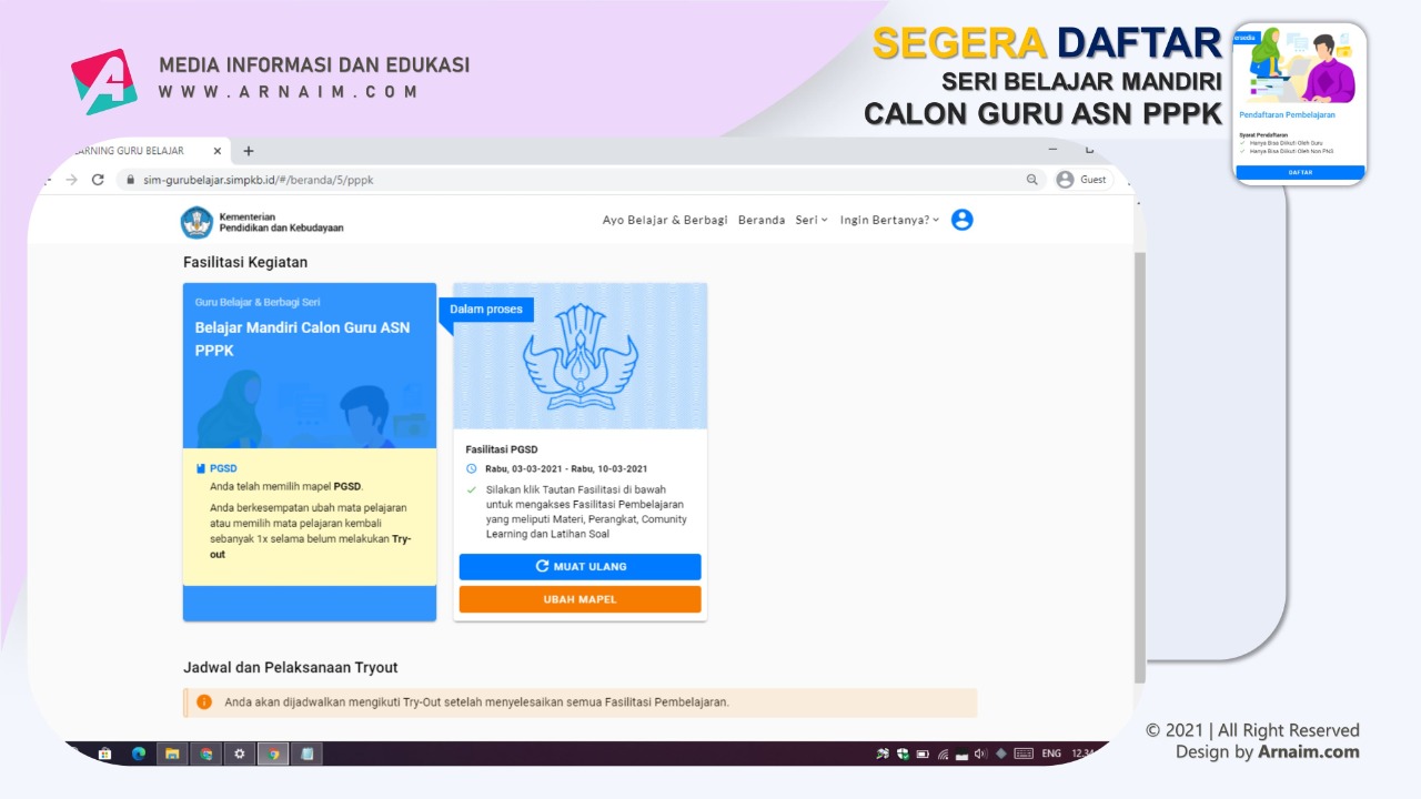 ARNAIM.COM - Segera Daftar Belajar Mandiri Calon Guru ASN PPPK - Pendaftaran Berhasil