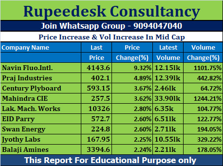 Price Increase & Vol Increase In Mid Cap