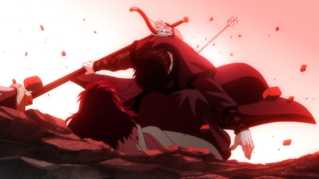 Anime warrior guy protecting a female character by using his body as shield from an arrow