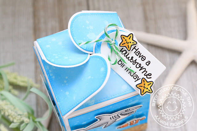 Happy Birthday Wrap Around Gift Box by Juliana Michaels featuring Sunny Studio Stamps Wrap Around Box Dies, Catch A Wave Dies, Woodland Border Dies,Best Fishes Stamps and Oceans of Joy Stamps,