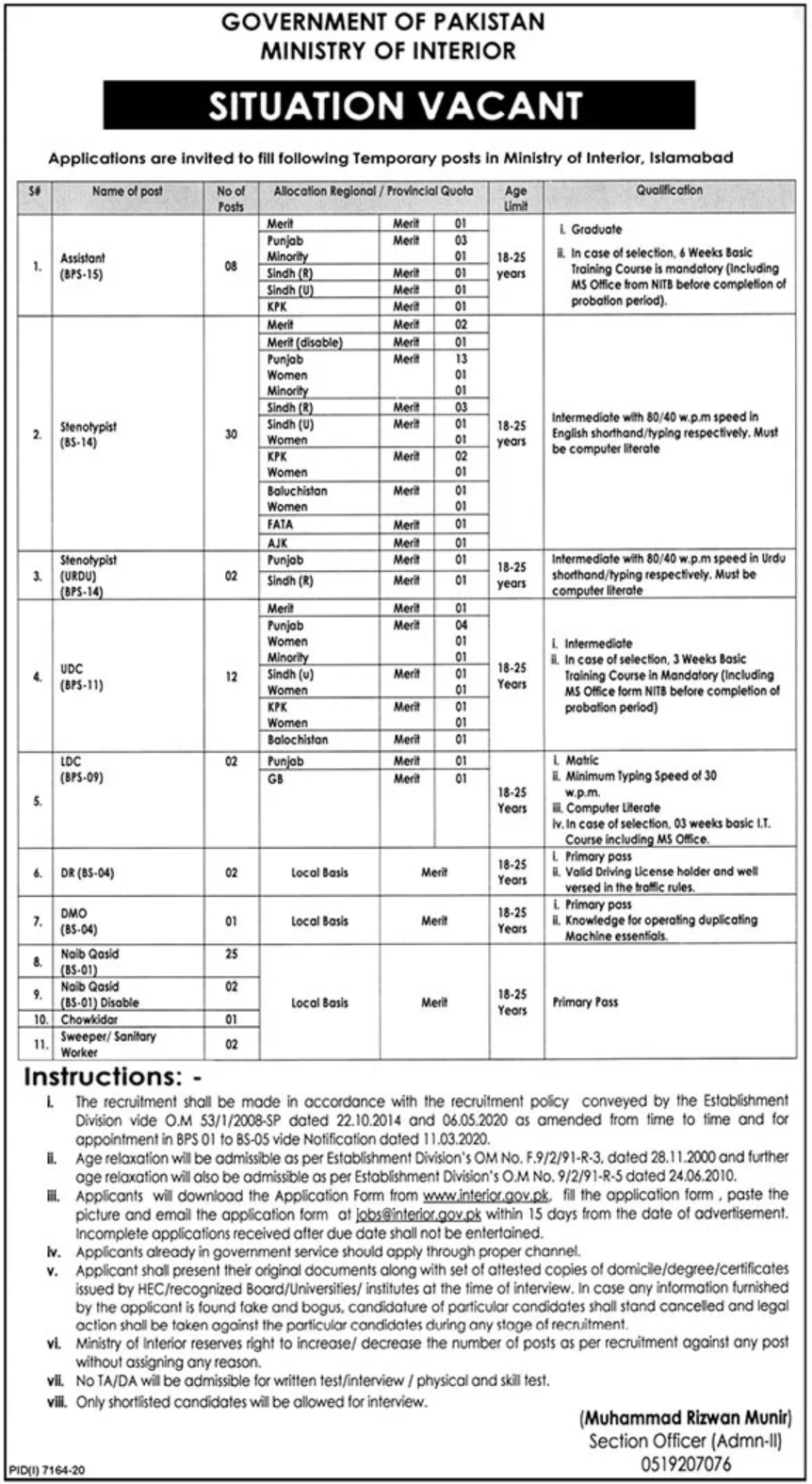 Ministry of Interior Jobs 2021 Application Form Advertisement