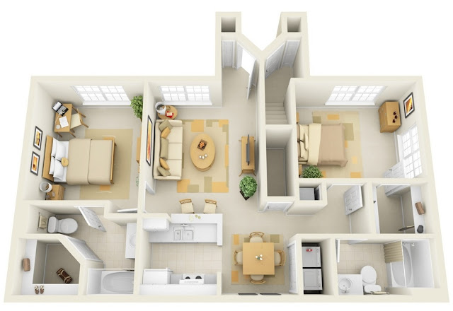 Gambar Denah Rumah 2 Kamar 3D