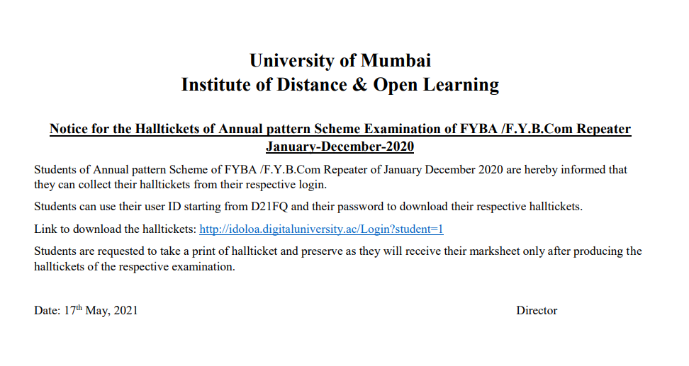 Mumbai University Halltickets of Annual pattern FYBA /F.Y.B.Com