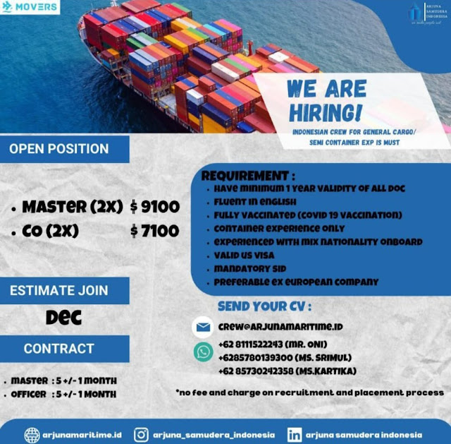 Job Vacancy Indonesian Seafarer Arjuna Maritim Desember 2023