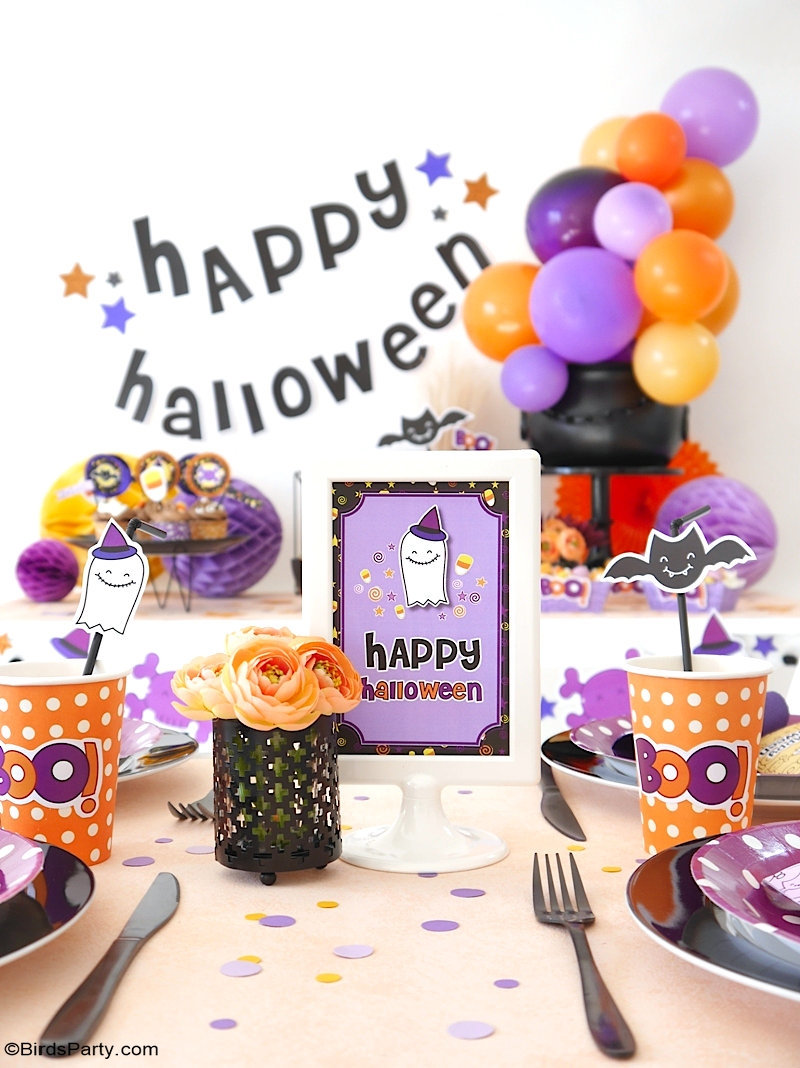 Our Cute Candy Corn DIY Halloween Party - not so scary, quick, easy and budget ideas for styling a kids Halloween party at home with fun printables! by BirdsParty.com @Birdsparty #halloween #diyhalloween #halloweendecor #kidshalloween #notsoscaryhalloween #halloweenparty #partyideas #candycorn #cutehalloweendecor #diyhalloweendecorations #halloweenprintables