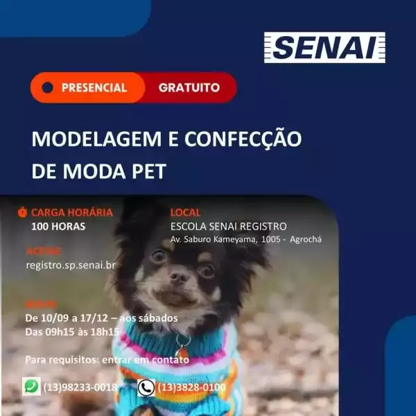 Curso de Modelagem e Confecção de Moda Pet em Registro-SP