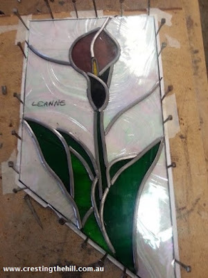 Creating a leadlight/stained glass stair rail insert - calla lily themed and quite a challenge. #leadlight #stainedglass