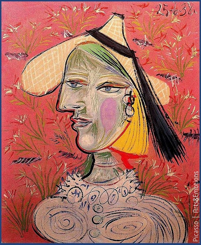 Пабло Пикассо  -   ′′ Женщина с соломенной шляпой на цветном фоне "