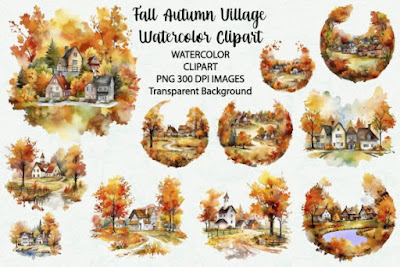 Fall Autumn Village Watercolor Clipart