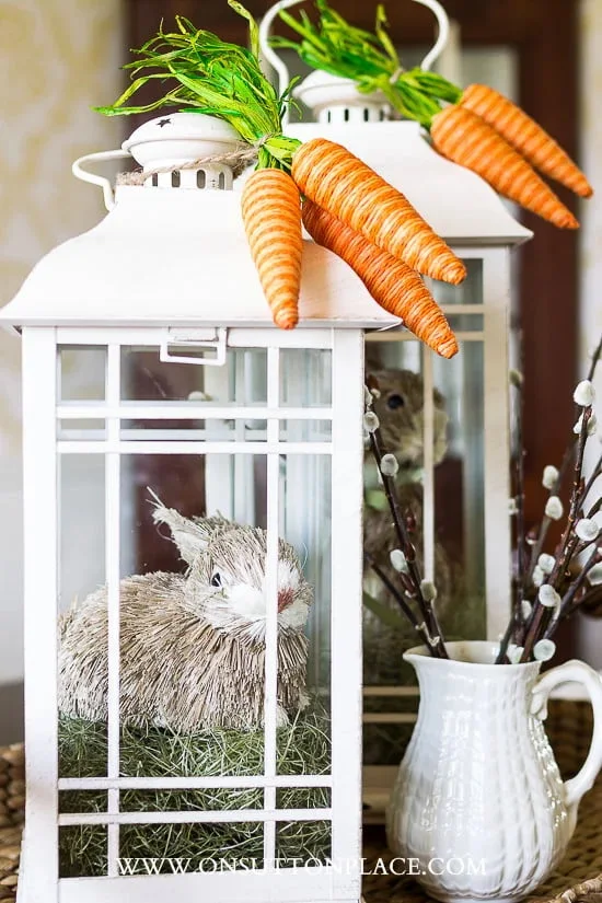 white lanterns, orange carrots, bunnies