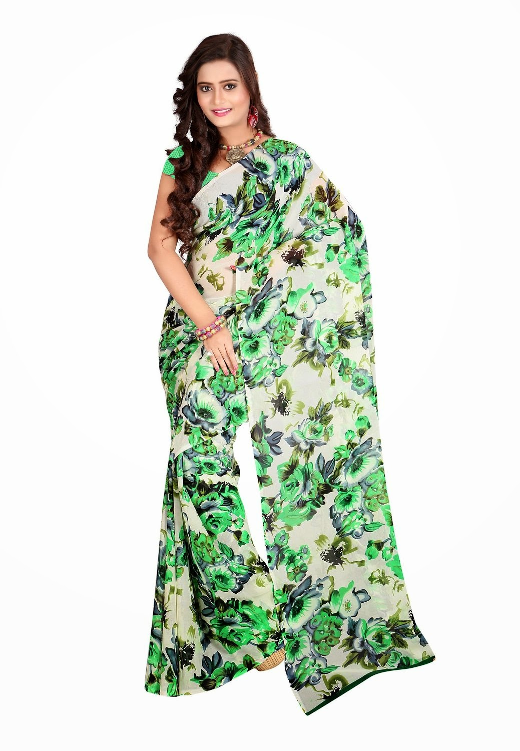  Green with Cream floral printed georgette saree